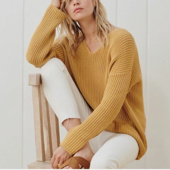 JENNI KAYNE Fisherman Organic Cotton V Neck Knit Sweater in Mustard Size Medium - Picture 2 of 11
